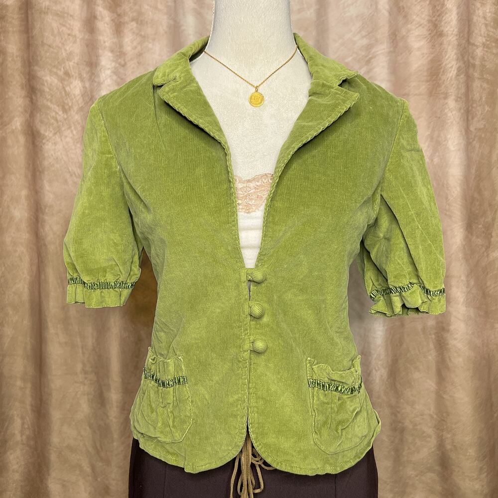 Vintage Y2K Corduroy Puffy Sleeve Cropped Blazer Jacket Green Indie Fairycore